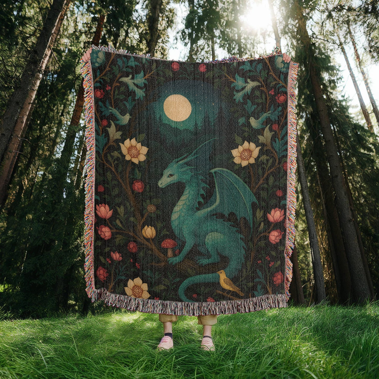 100% Cotton Woven Blanket – Magical Dragon in Moonlit Woodland Scene