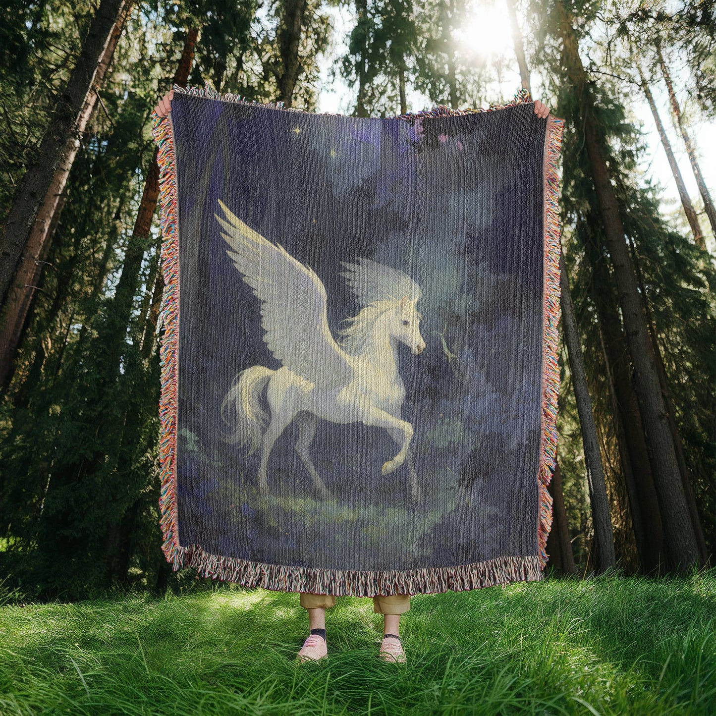 Premium Woven Cotton Throw – White Pegasus under Starry Sky in Mystical Forest