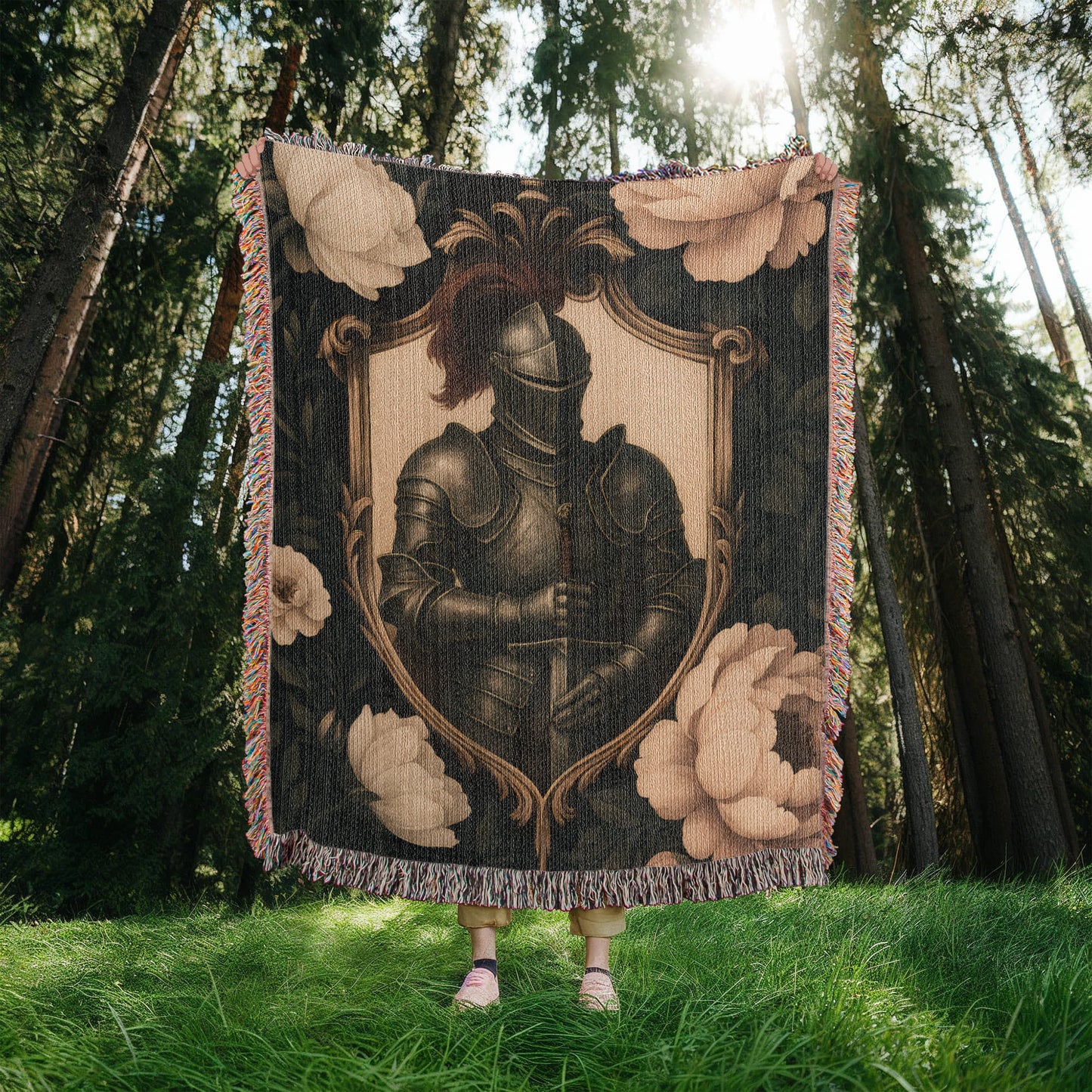 100% Cotton Woven Blanket – Medieval Knight with Sword Inside Shield Frame