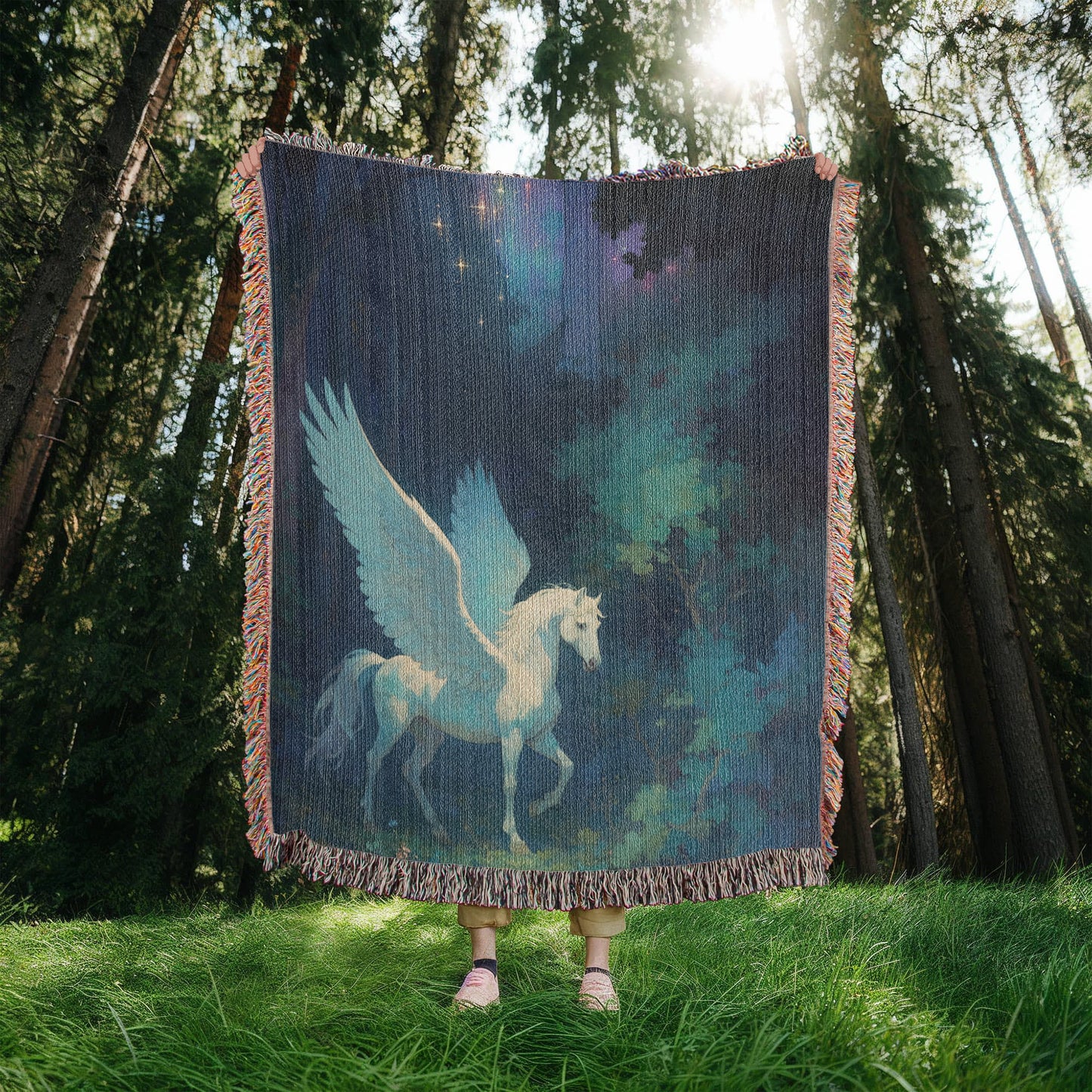 Woven Cotton Blanket – Fantasy White Pegasus in Moonlit Enchanted Forest