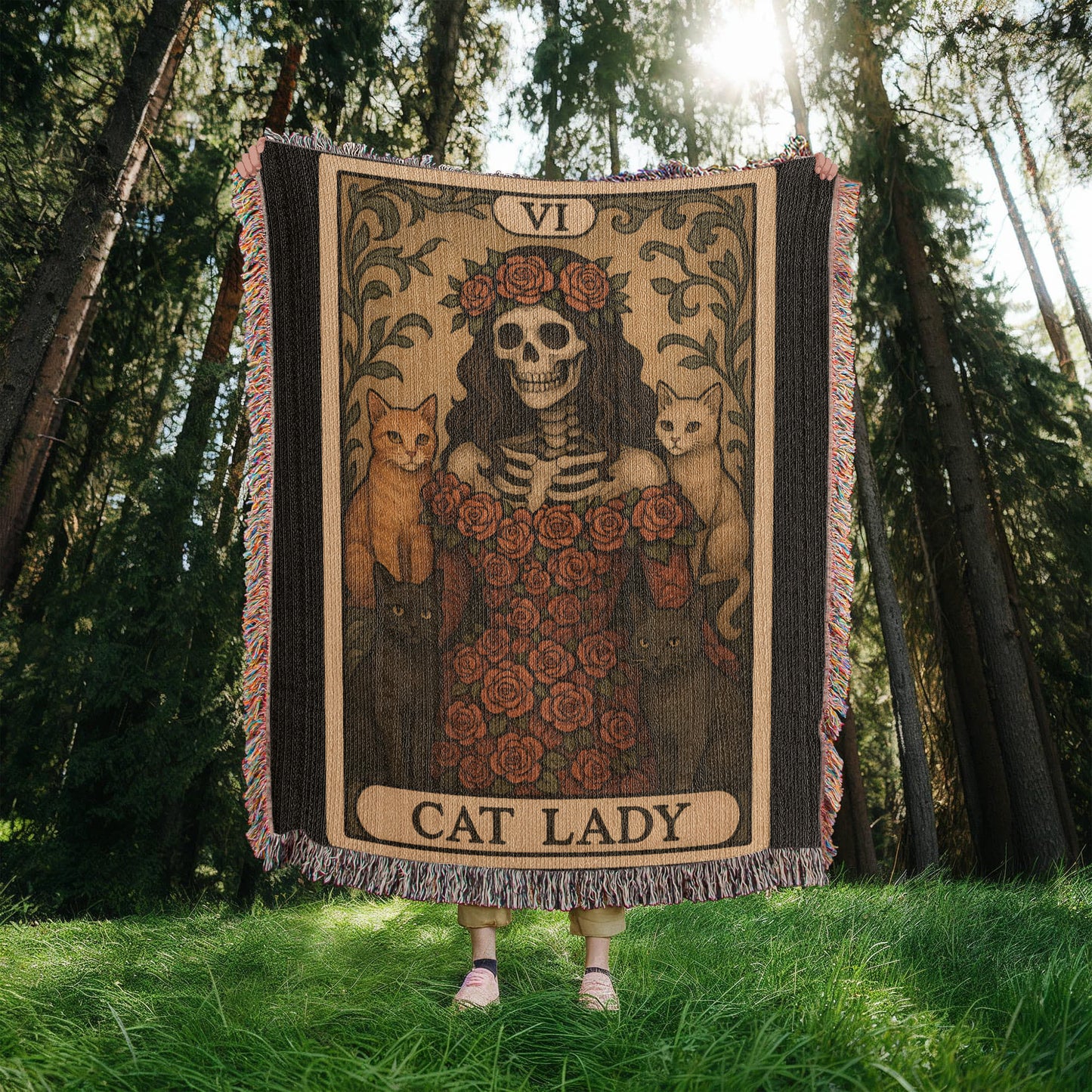 100% Cotton Woven Blanket – Gothic Skeleton Cat Lady Wearing Red Roses Gown with Four Cats, Cat Lady Card Style