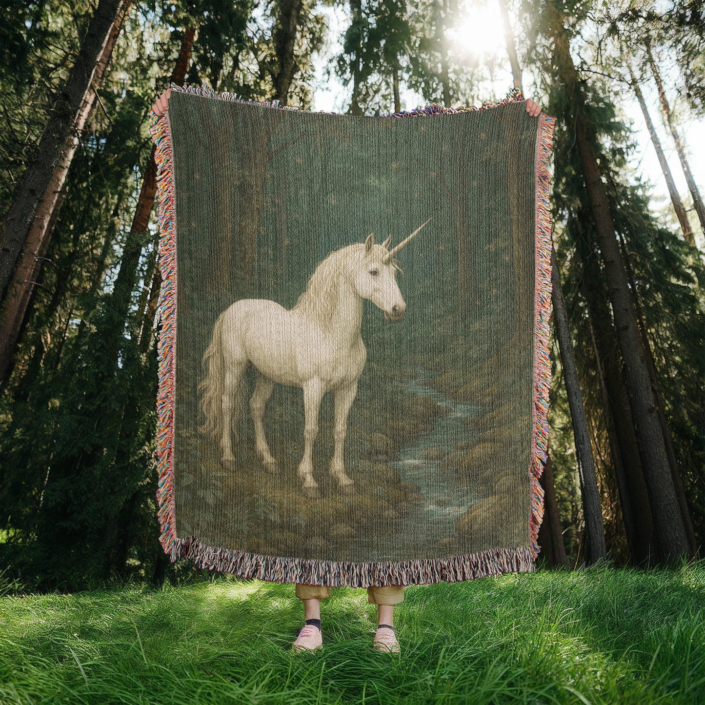 Premium Woven Cotton Throw – Unicorn in Dark Forest by Quiet Stream