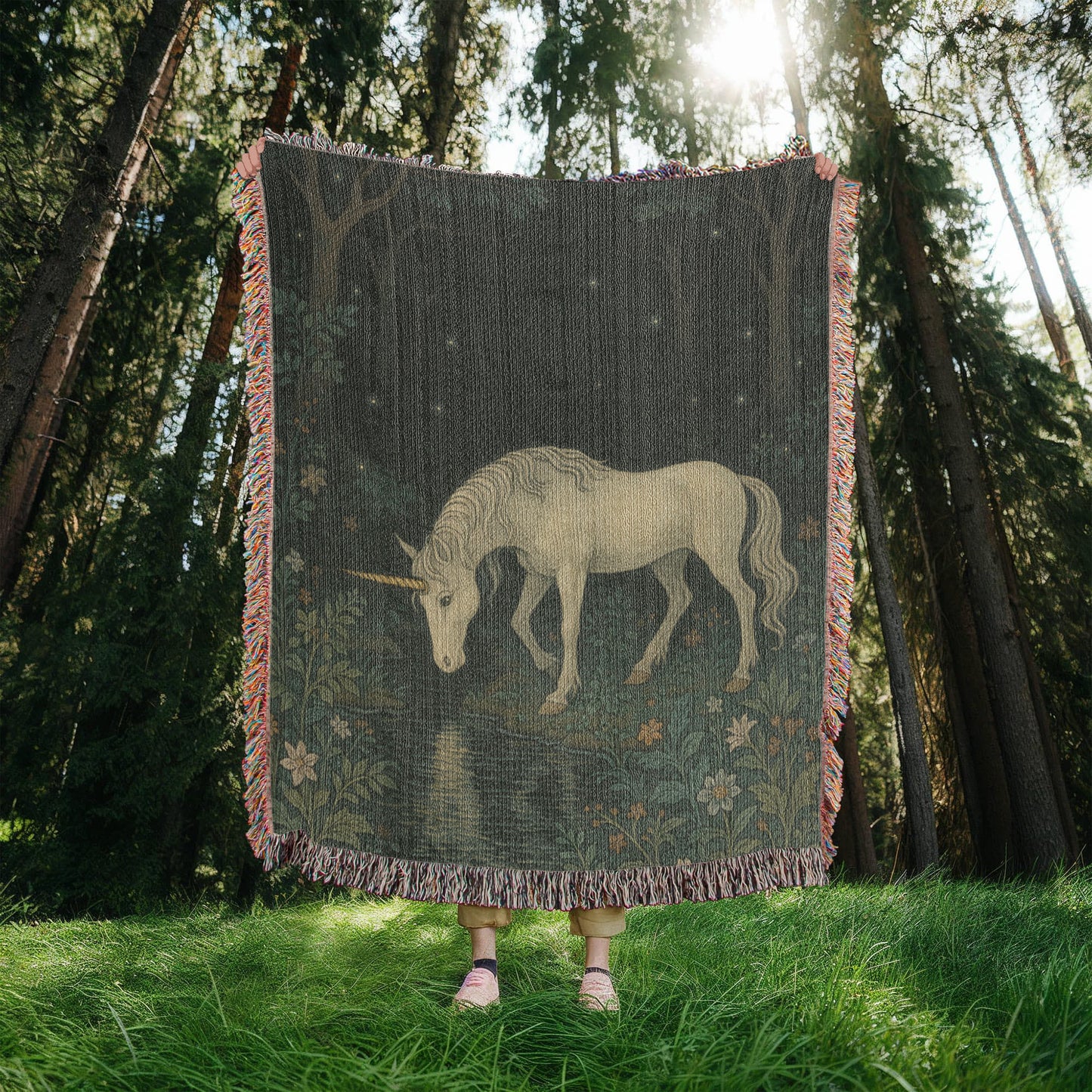 Premium Woven Cotton Throw – Unicorn in Dark Forest by Flowered Stream