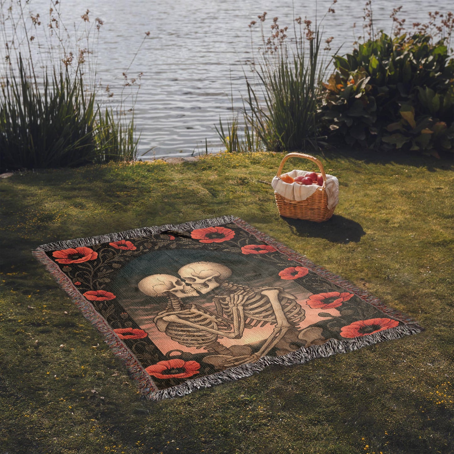 Woven Cotton Blanket – Enchanted Skeleton Couple in Poppy Flowers at Sunset