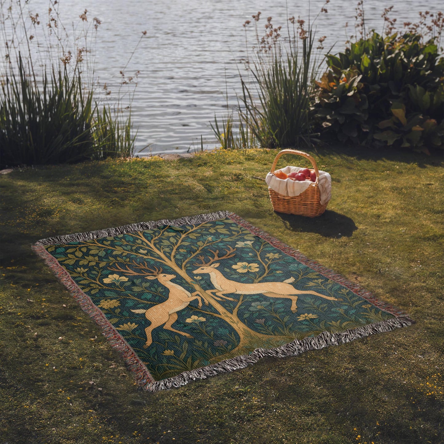 Premium Woven Cotton Throw – Fantasy Deer Duo Rearing Face to Face under Enchanted Tree