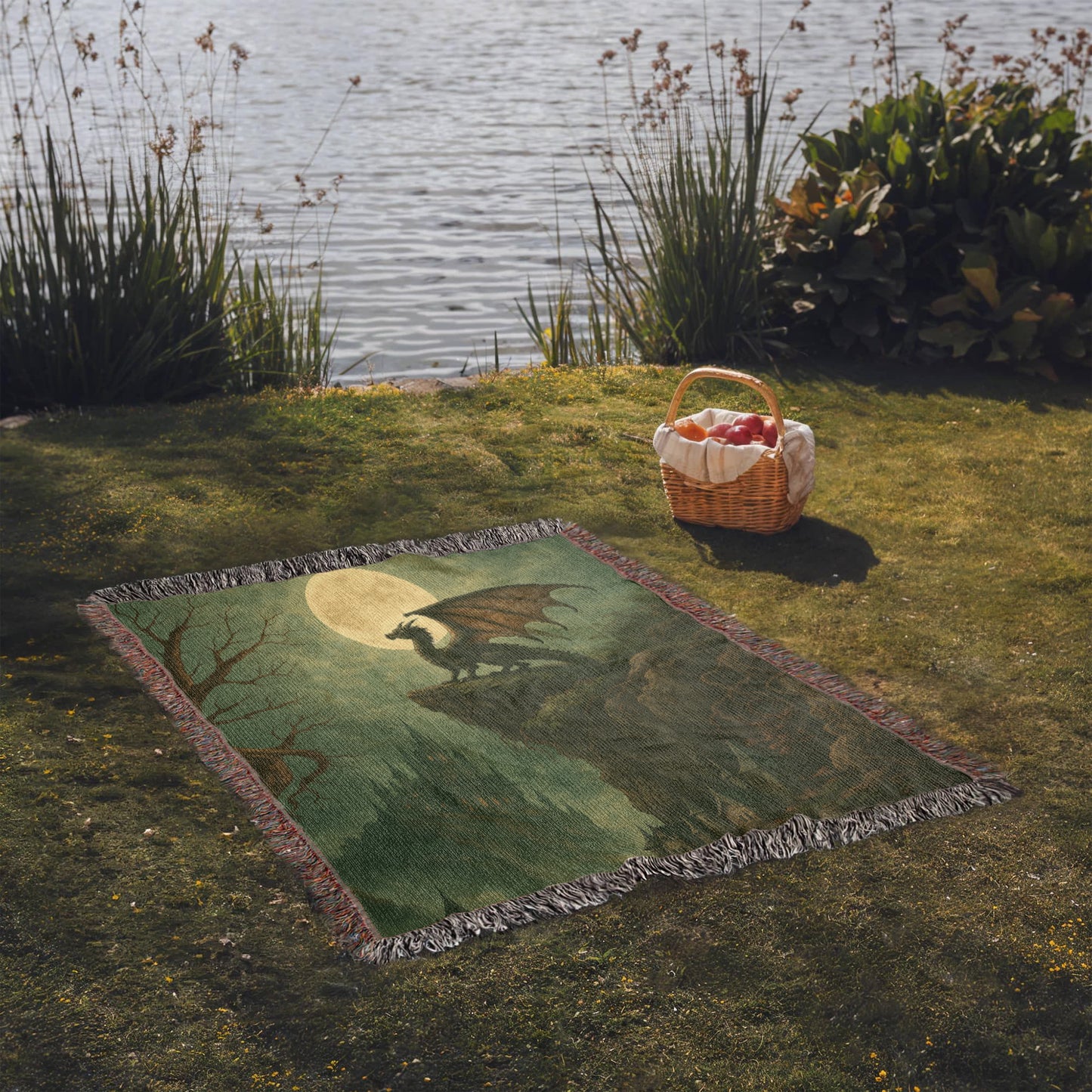 100% Cotton Woven Blanket – Majestic Dragon on Rocky Cliff under Moonlight with Castle View