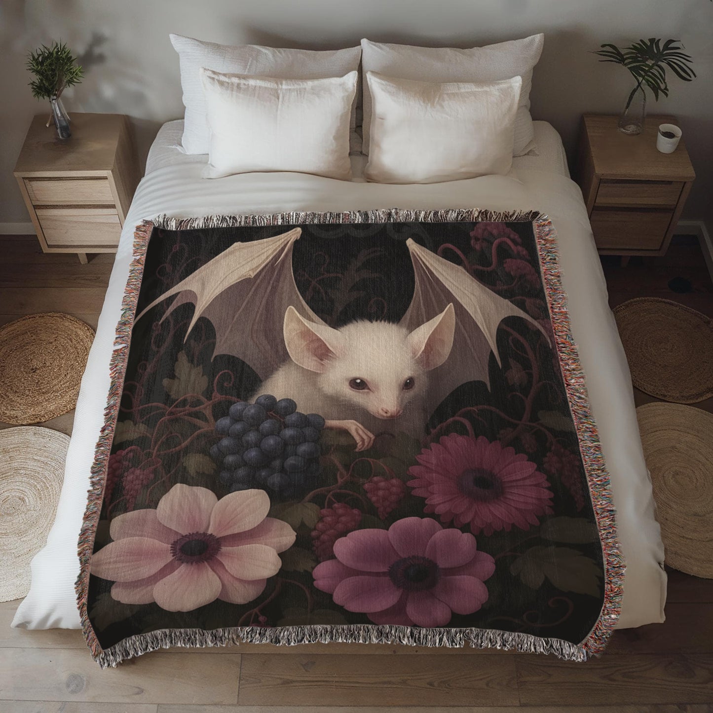 100% Cotton Woven Blanket – Bat Resting in Blooming Flowers