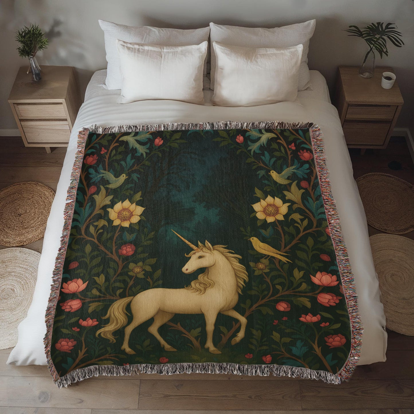 Premium Woven Cotton Throw – Enchanted Forest Unicorn Surrounded by Birds and Blossoms