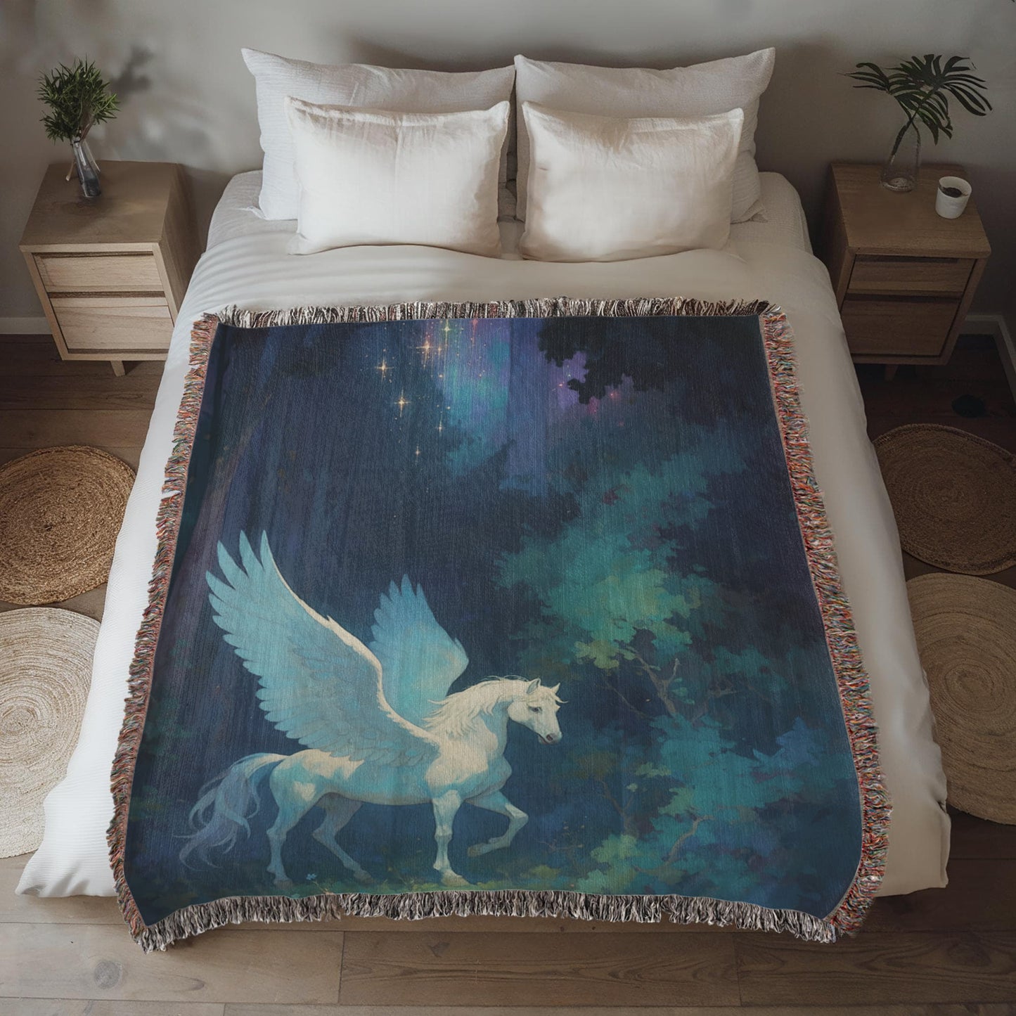 Woven Cotton Blanket – Fantasy White Pegasus in Moonlit Enchanted Forest