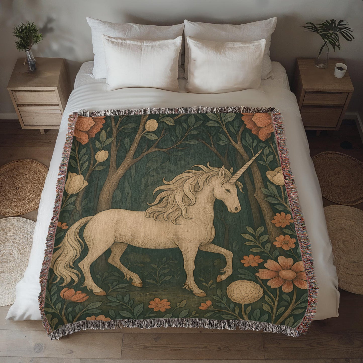 100% Cotton Woven Blanket – Magical Unicorn among Woodland Flowers