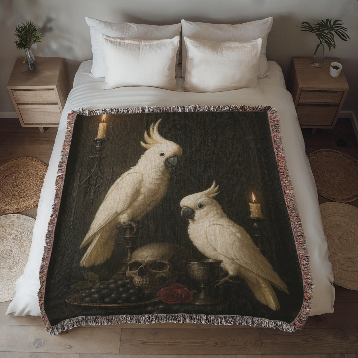 100% Cotton Woven Blanket – White Parrots on Table with Skull, Grapes, Rose and Bronze Chalice