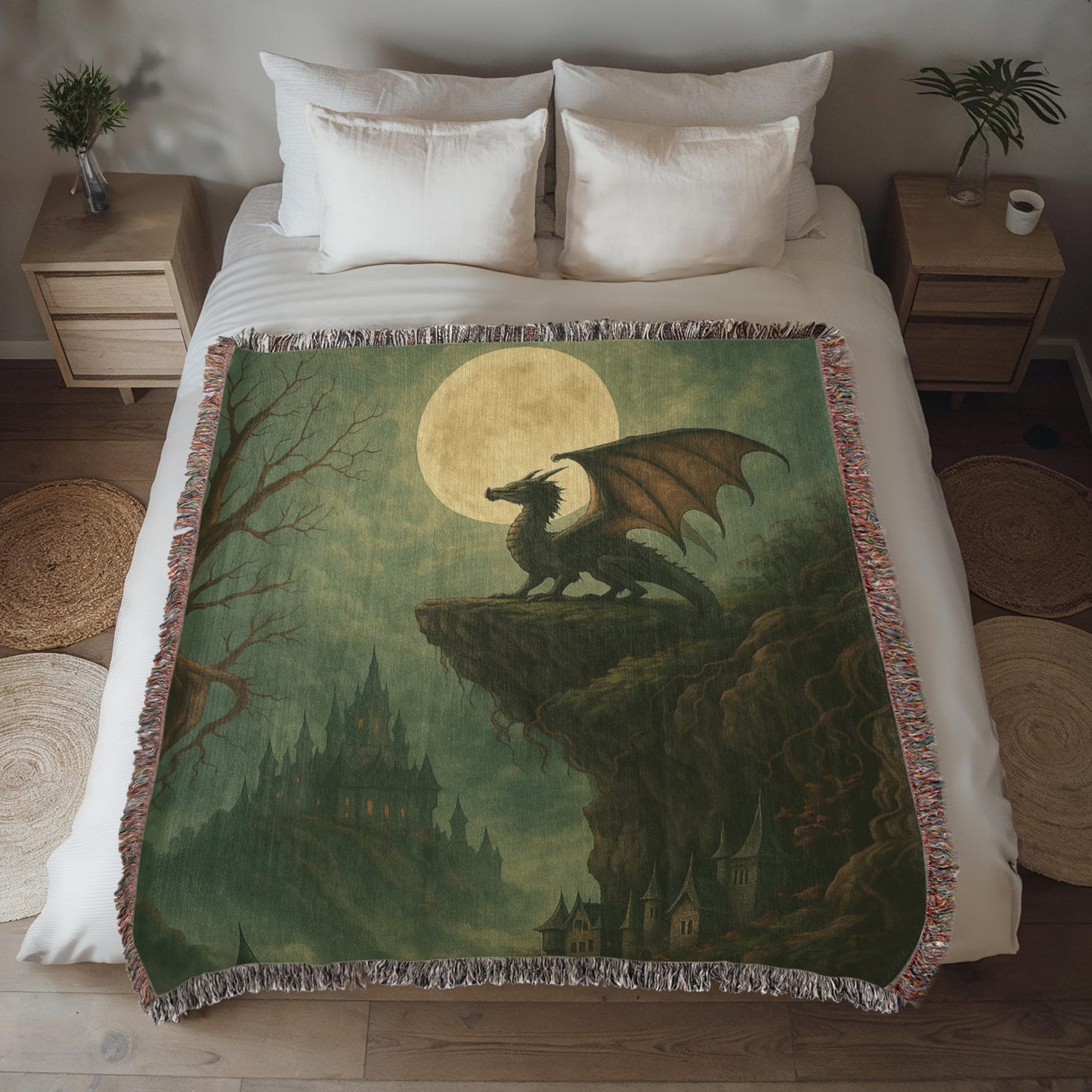 100% Cotton Woven Blanket – Majestic Dragon on Rocky Cliff under Moonlight with Castle View