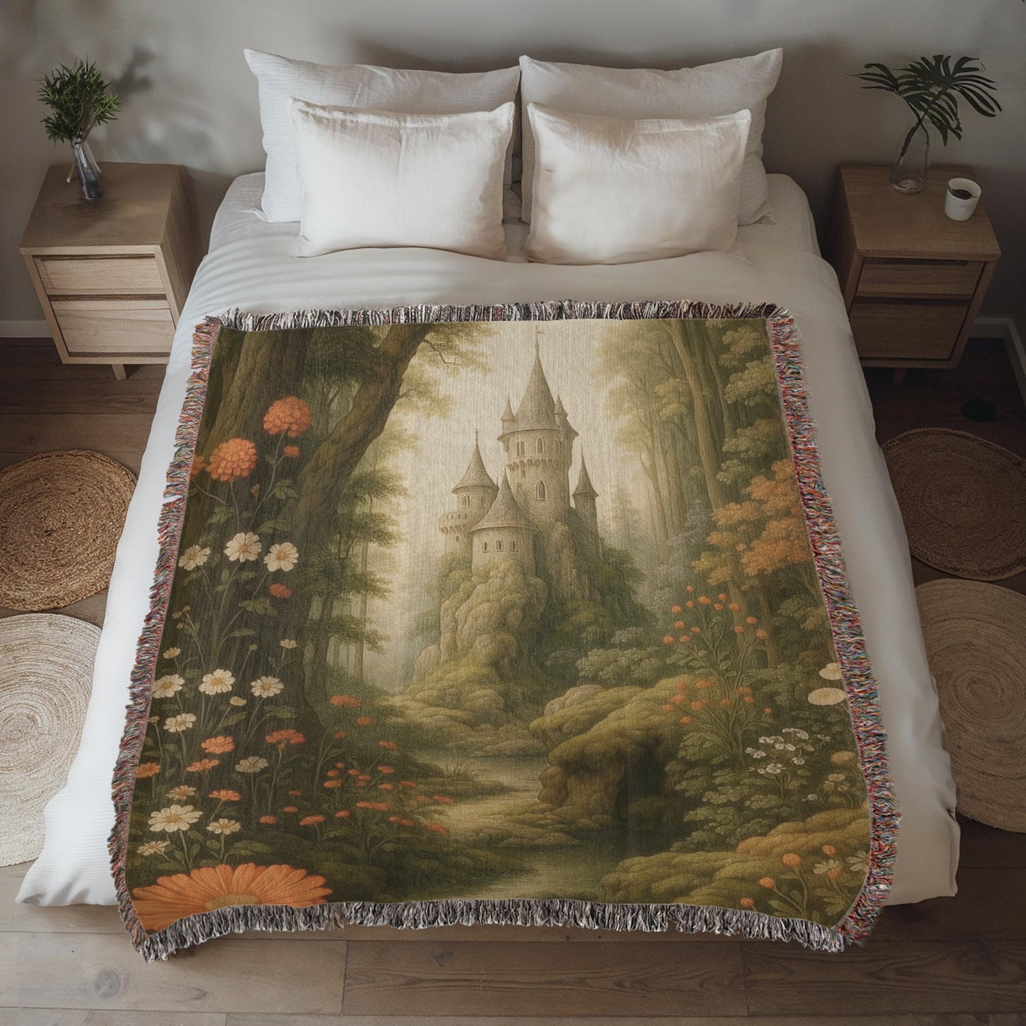 100% Cotton Woven Blanket – Fairytale Castle among Woodland Trees and Blossoms