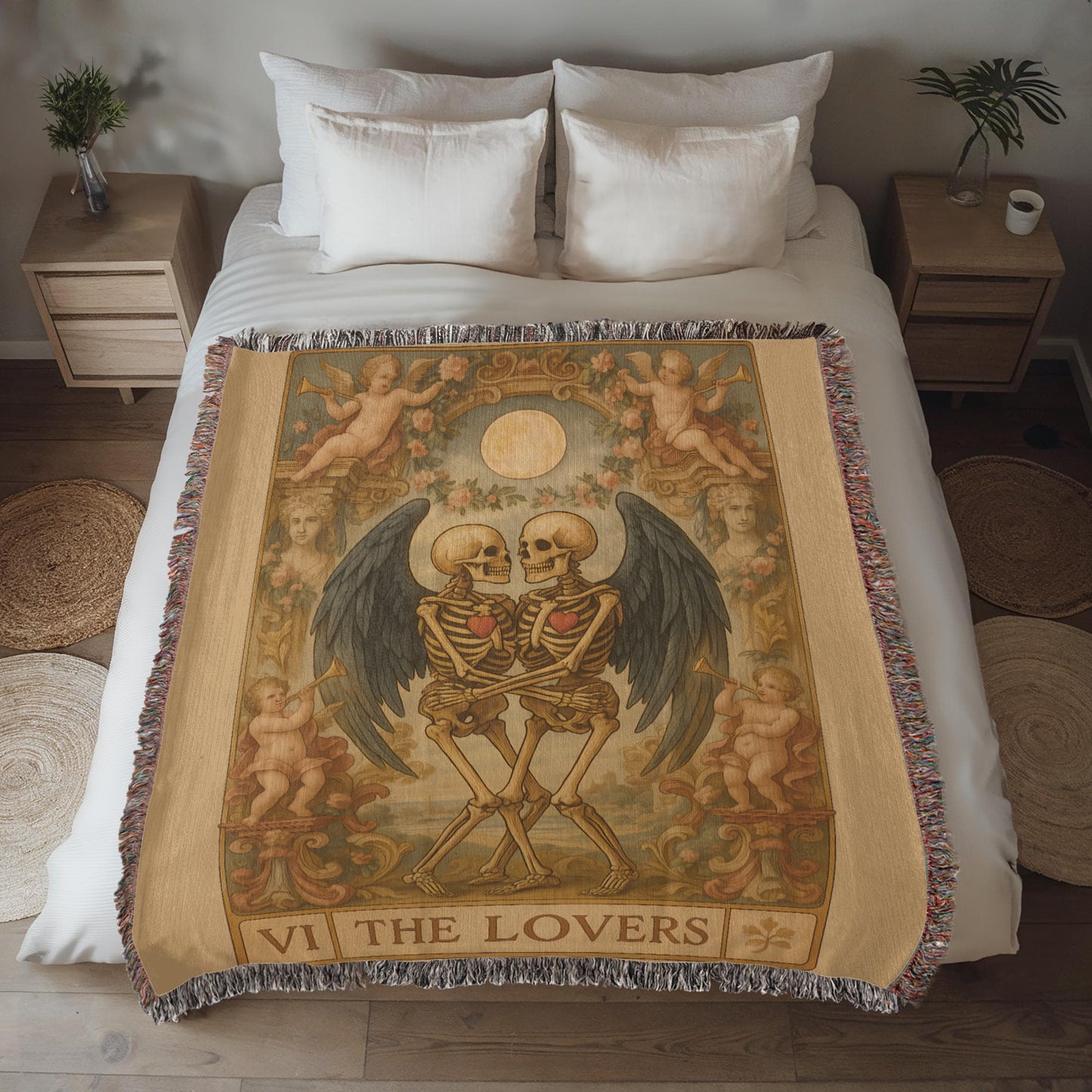 100% Cotton Woven Blanket – Gothic Skeleton Couple with Black Wings Surrounded by Cherubs, The Lovers Card Design