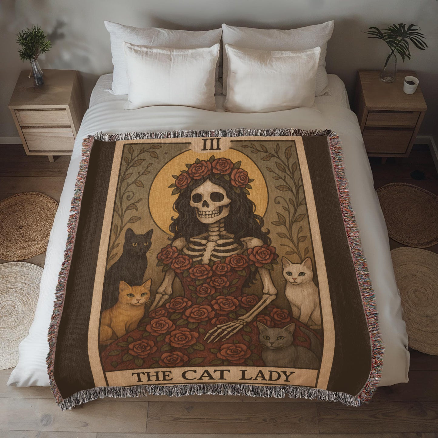 100% Cotton Woven Blanket – Gothic Skeleton Cat Lady Wearing Red Roses Gown with Four Cats, The Cat Lady Card Style