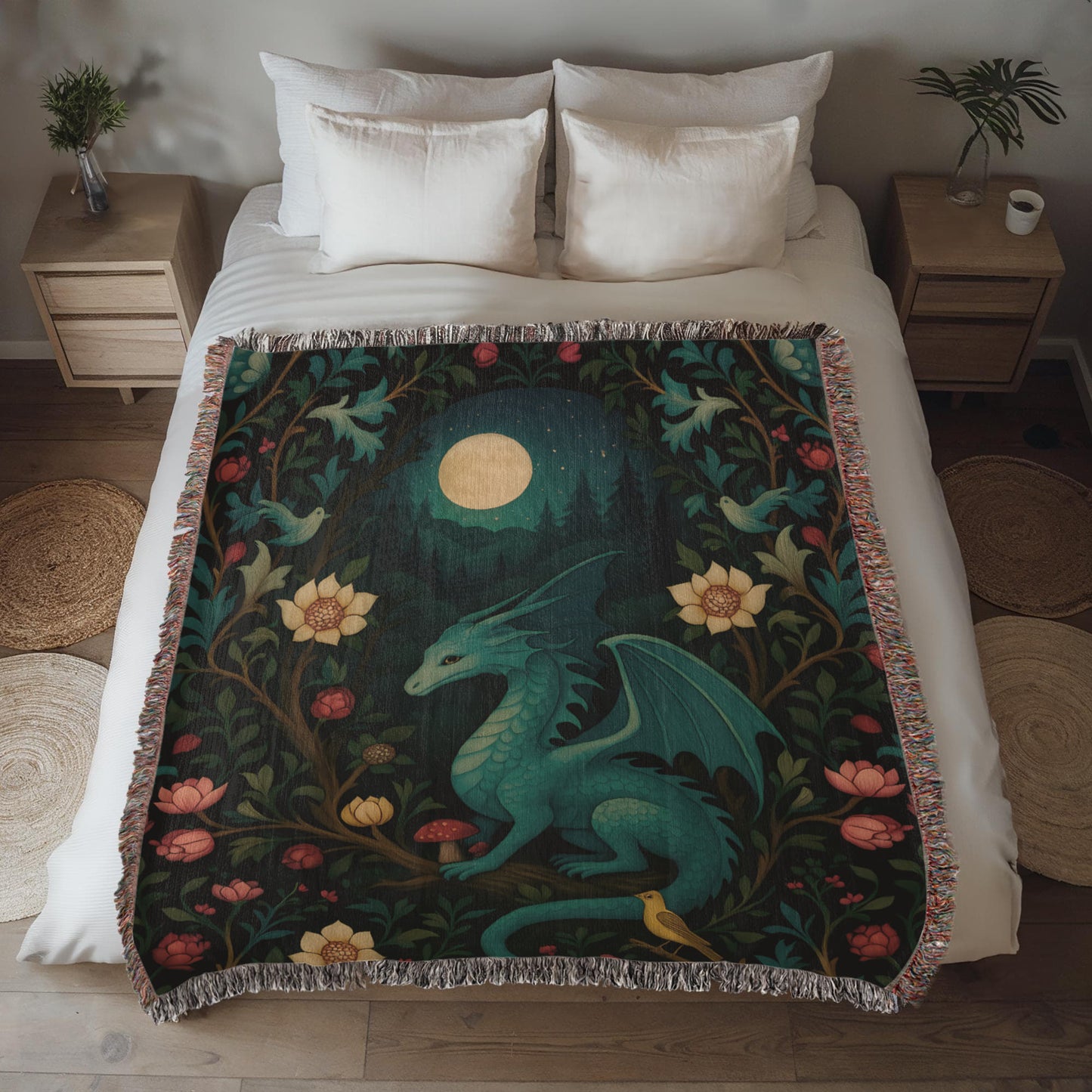 100% Cotton Woven Blanket – Magical Dragon in Moonlit Woodland Scene