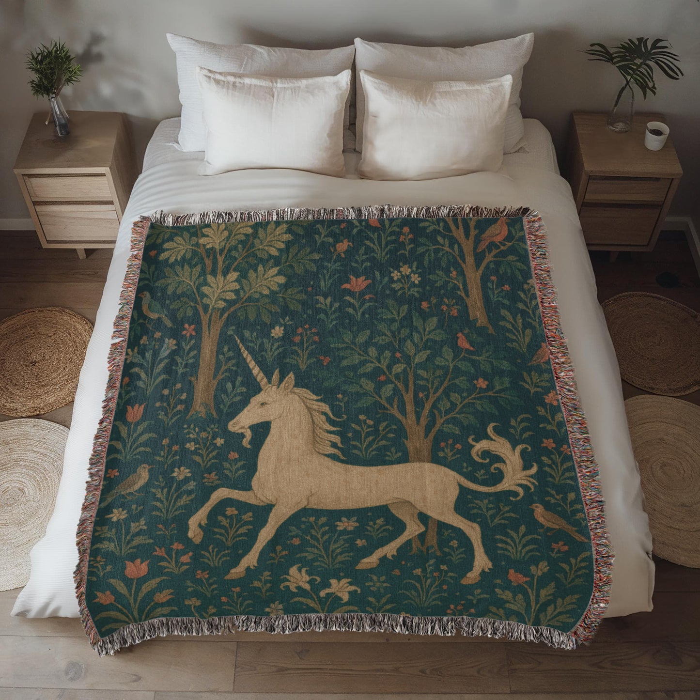 100% Cotton Woven Blanket – Magical Unicorn among Woodland Flowers and Birds