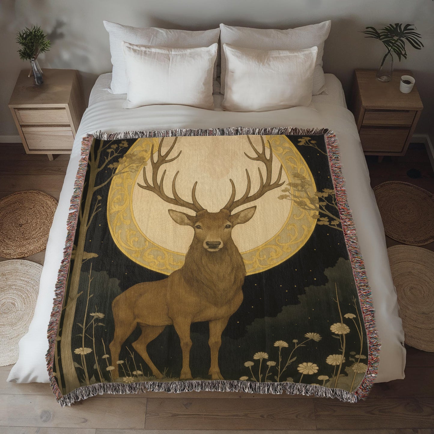 100% Cotton Woven Blanket – Majestic Deer on Night Meadow under Full Moon