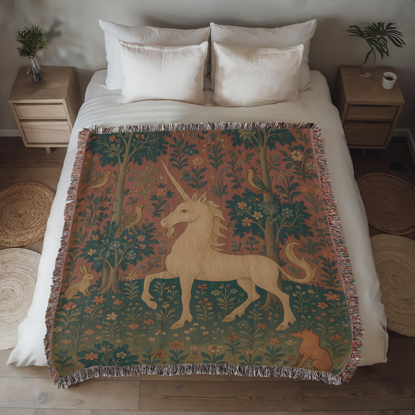 Premium Woven Cotton Throw – Enchanted Forest Unicorn and Fox Surrounded by Birds and Blossoms