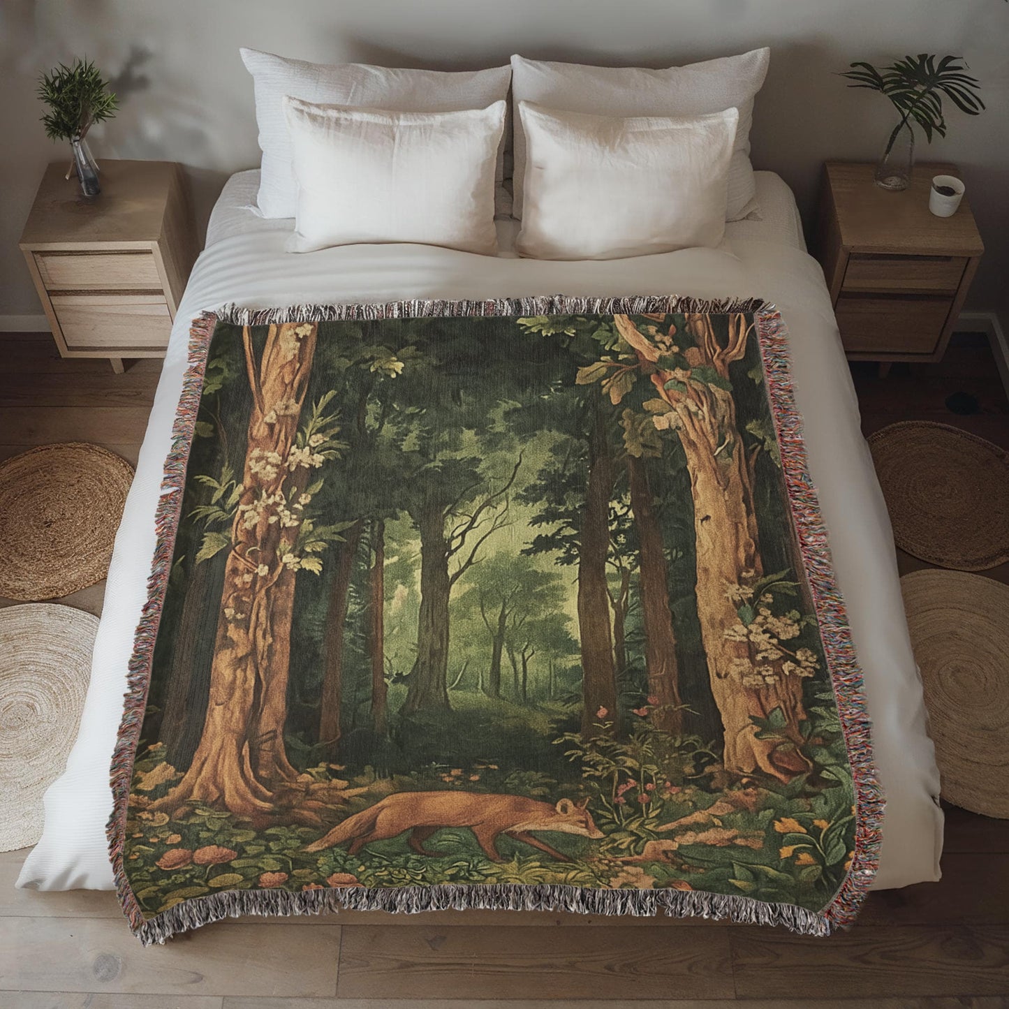 100% Cotton Woven Blanket – Enchanted Fox on Flowered Clearing in Woodland