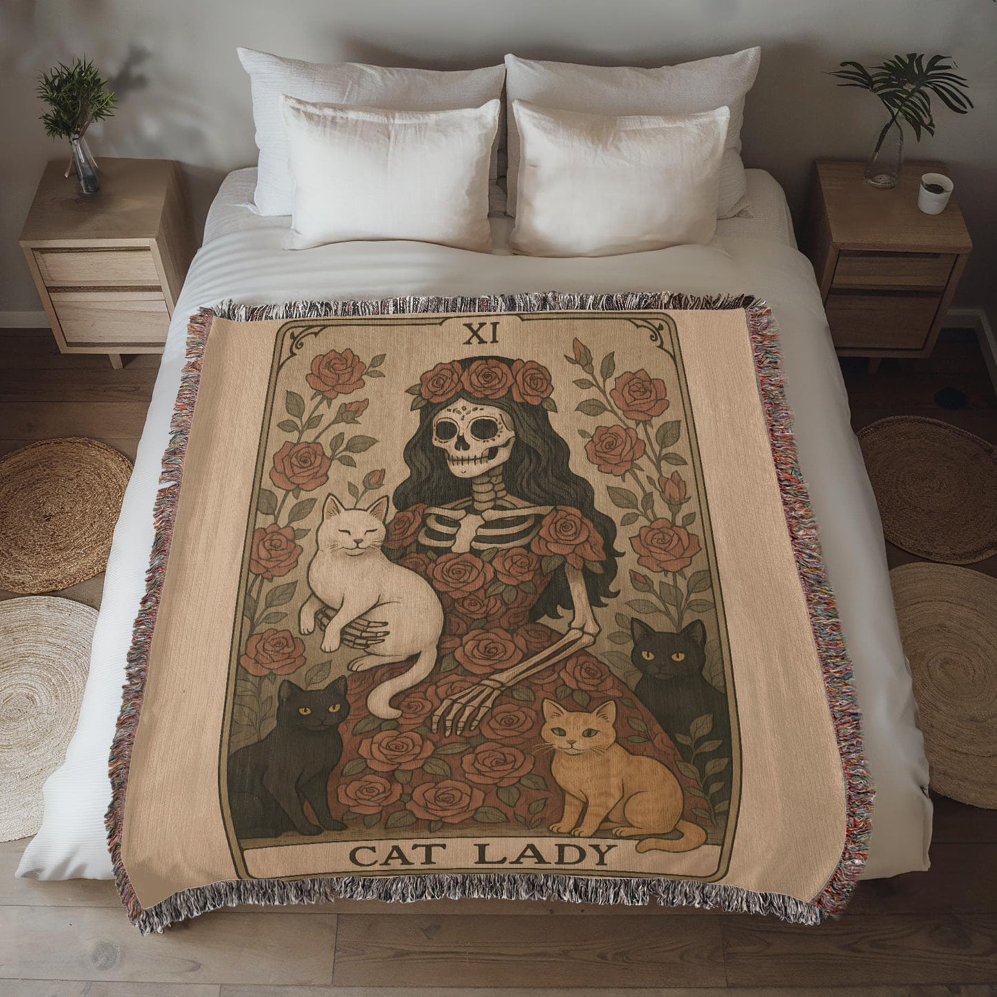 Premium Woven Cotton Throw – Skeleton Cat Lady Dressed in Red Roses with Four Cats, “Cat Lady” Card Artwork