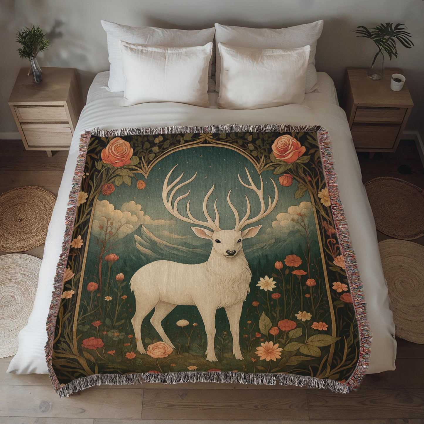 100% Cotton Woven Blanket – Enchanted White Deer with Mountain Clouds and Floral Accents