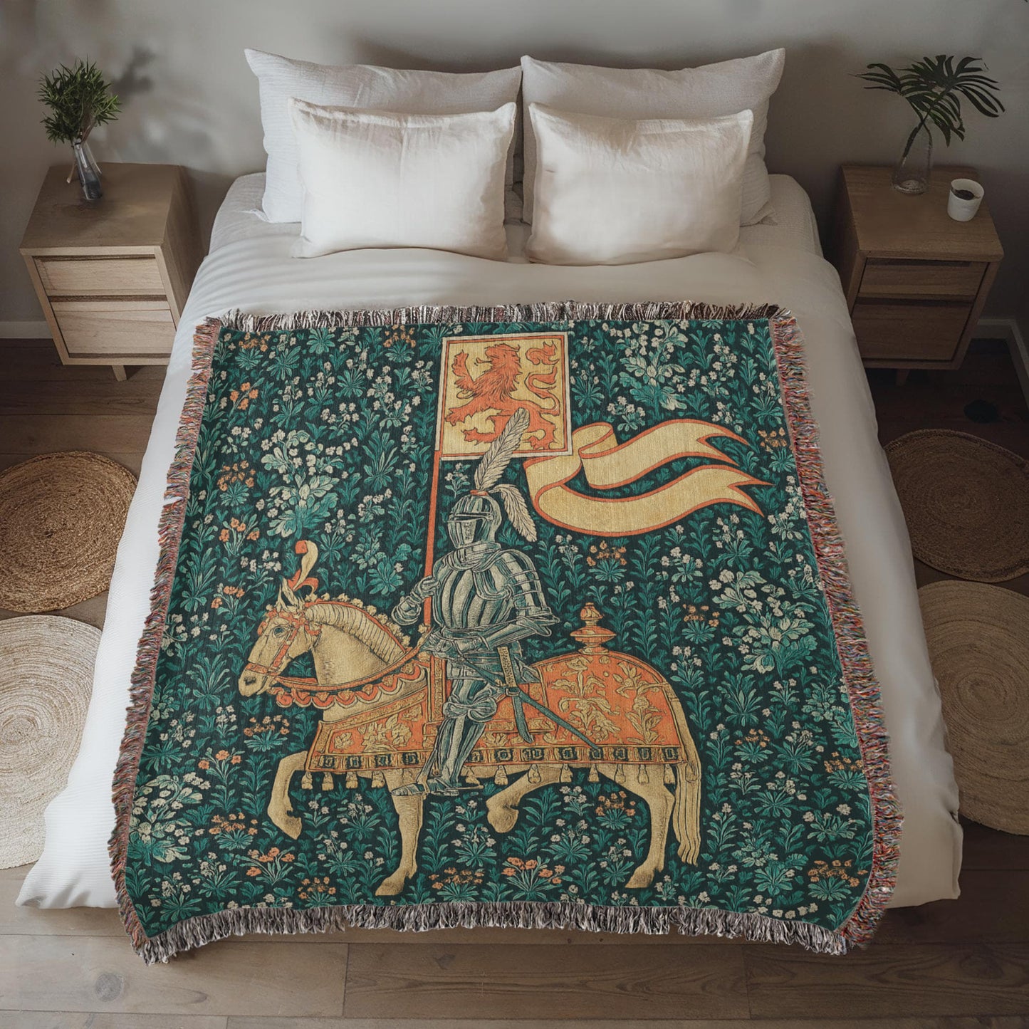 Premium Woven Cotton Throw – Knight Riding Horse with Battle Banner