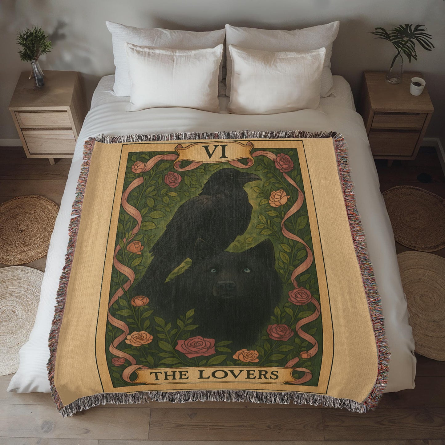 100% Cotton Woven Blanket – Mystic Black Wolf and Raven on Grass & Flowers, The Lovers Card VI