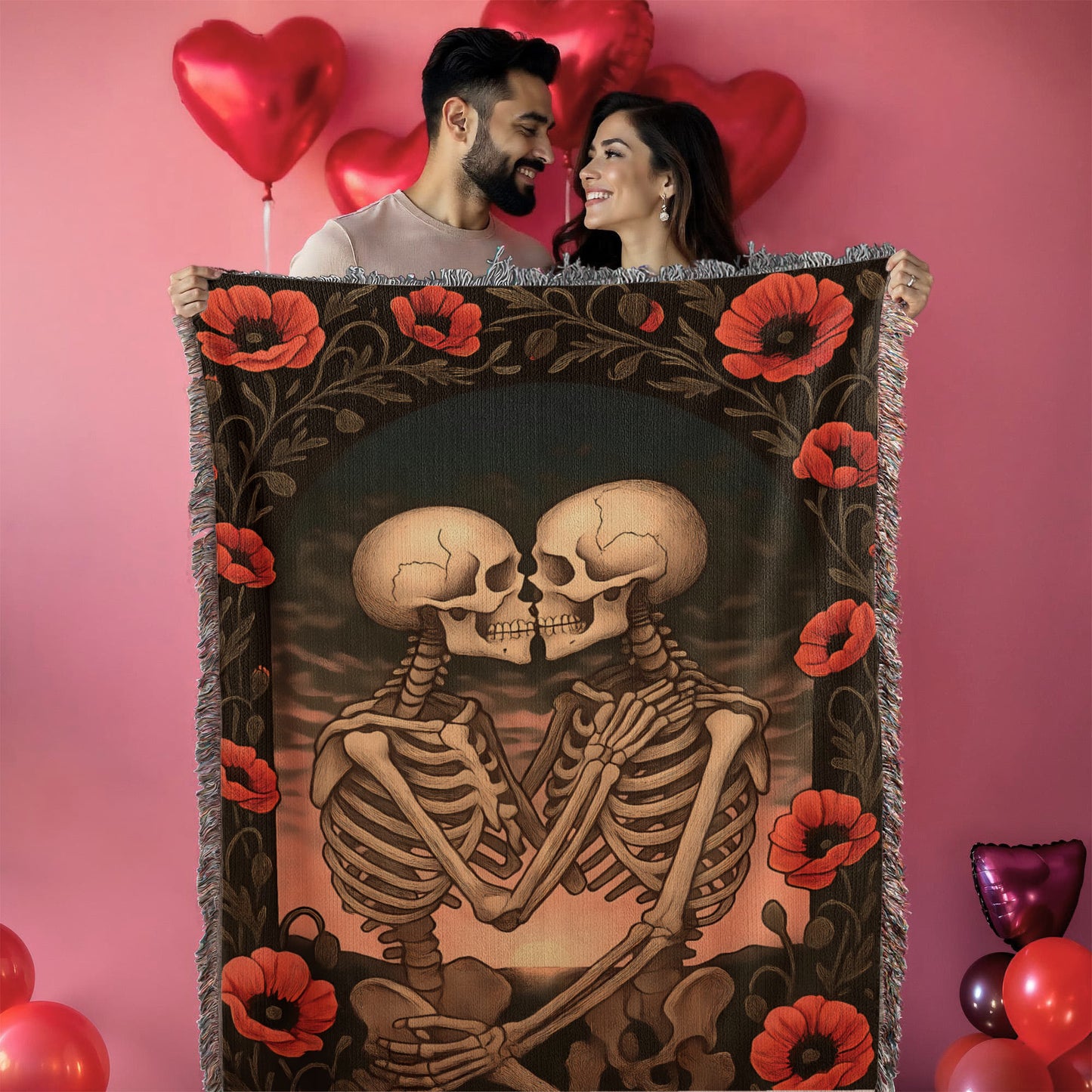 Woven Cotton Blanket – Enchanted Skeleton Couple in Poppy Flowers at Sunset