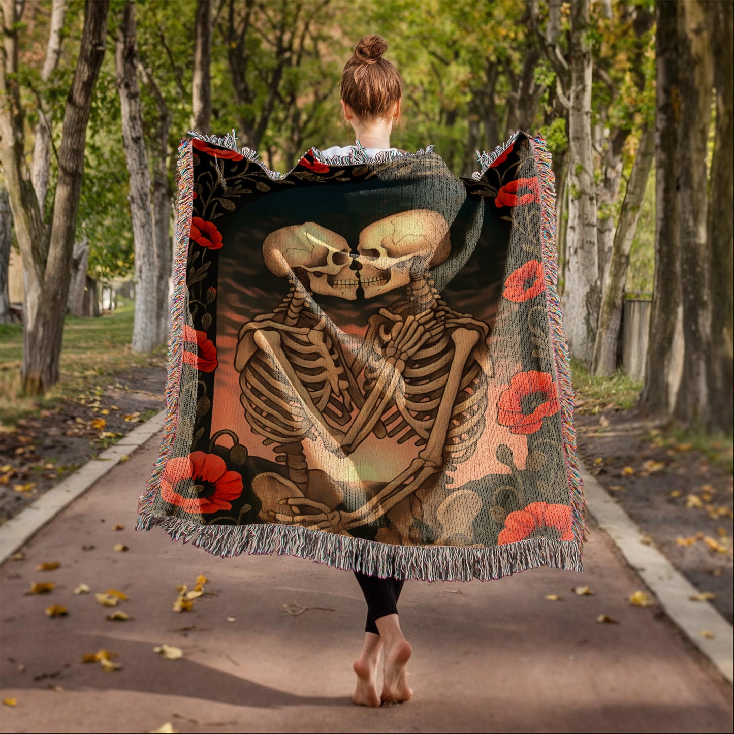 Woven Cotton Blanket – Enchanted Skeleton Couple in Poppy Flowers at Sunset