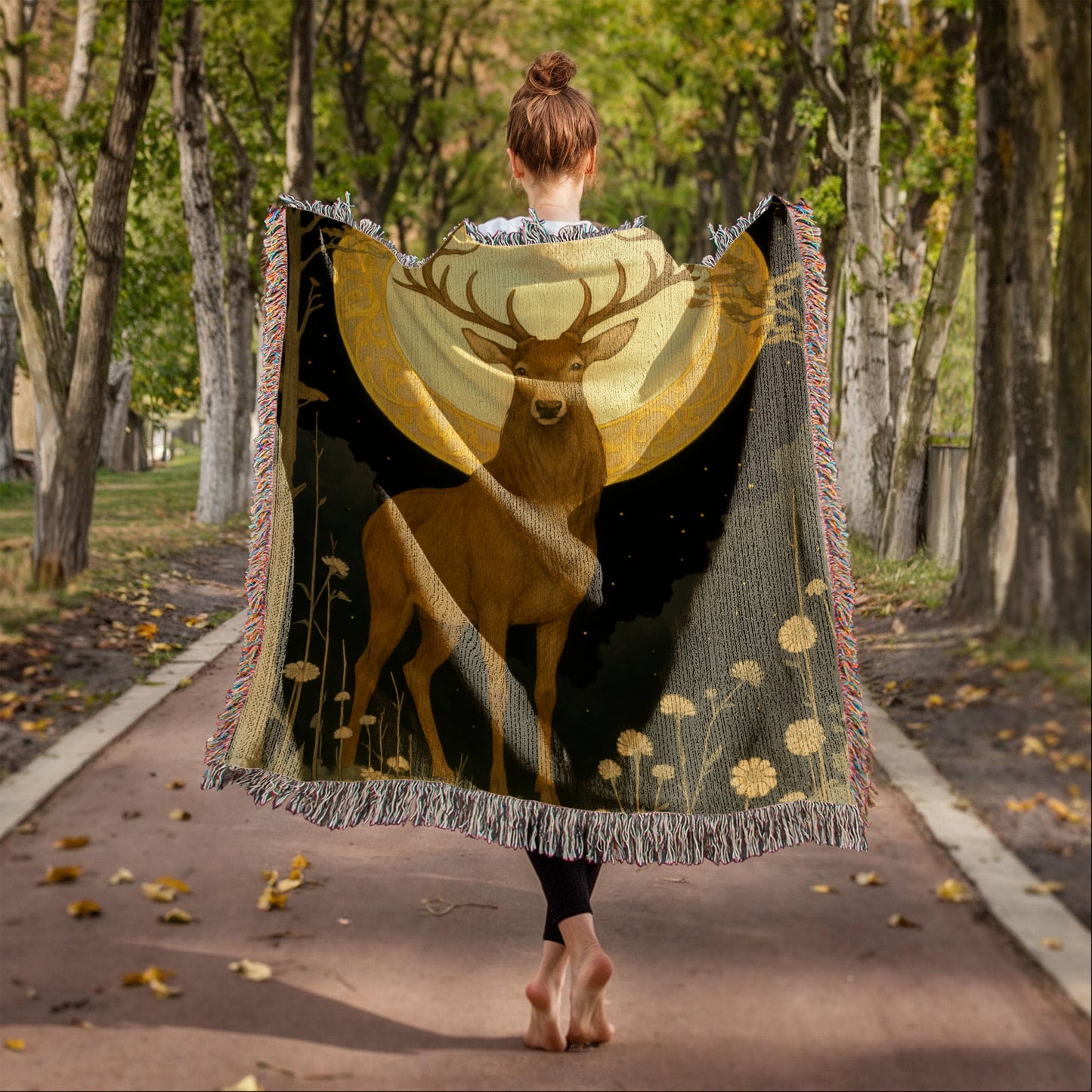 100% Cotton Woven Blanket – Majestic Deer on Night Meadow under Full Moon