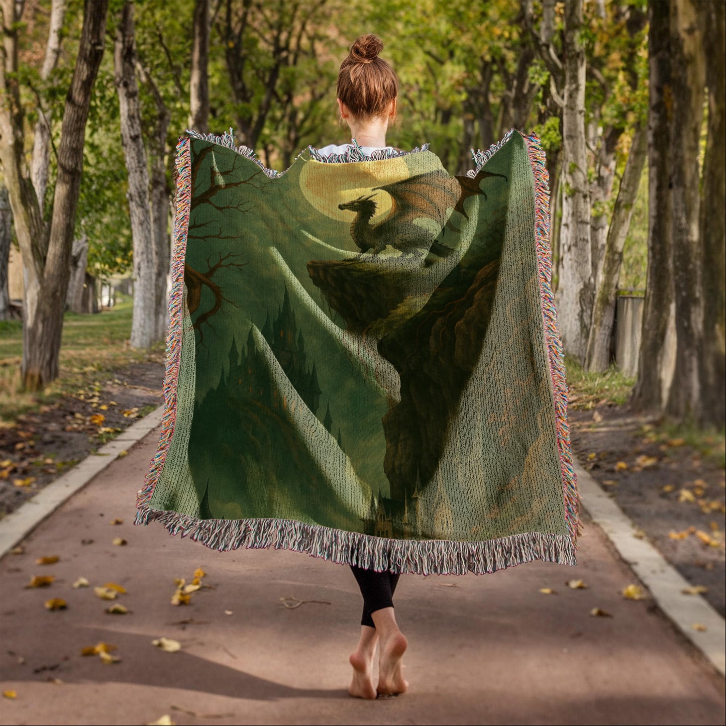 100% Cotton Woven Blanket – Majestic Dragon on Rocky Cliff under Moonlight with Castle View