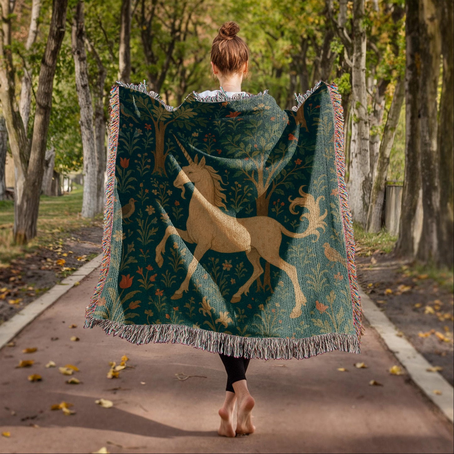 100% Cotton Woven Blanket – Magical Unicorn among Woodland Flowers and Birds