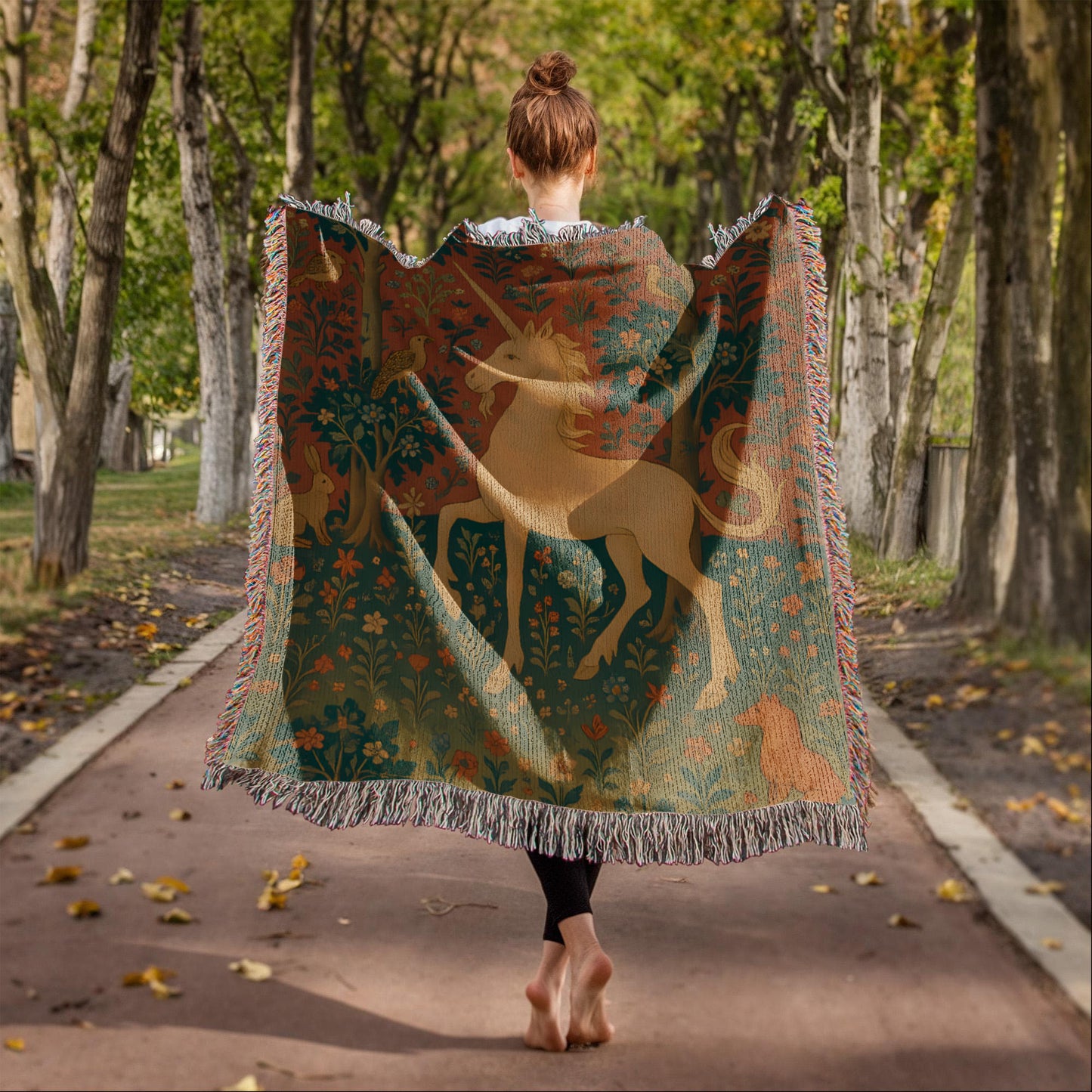 Premium Woven Cotton Throw – Enchanted Forest Unicorn and Fox Surrounded by Birds and Blossoms