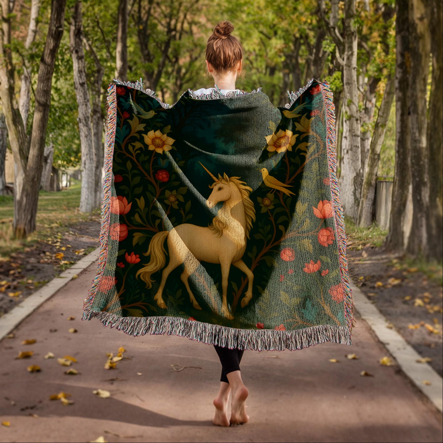 Premium Woven Cotton Throw – Enchanted Forest Unicorn Surrounded by Birds and Blossoms