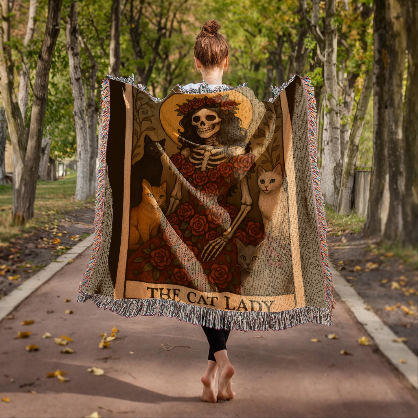 100% Cotton Woven Blanket – Gothic Skeleton Cat Lady Wearing Red Roses Gown with Four Cats, The Cat Lady Card Style