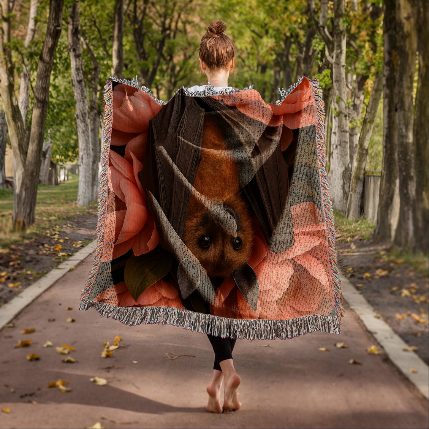 Premium Woven Cotton Throw – Bat Nestled among Vibrant Flowers