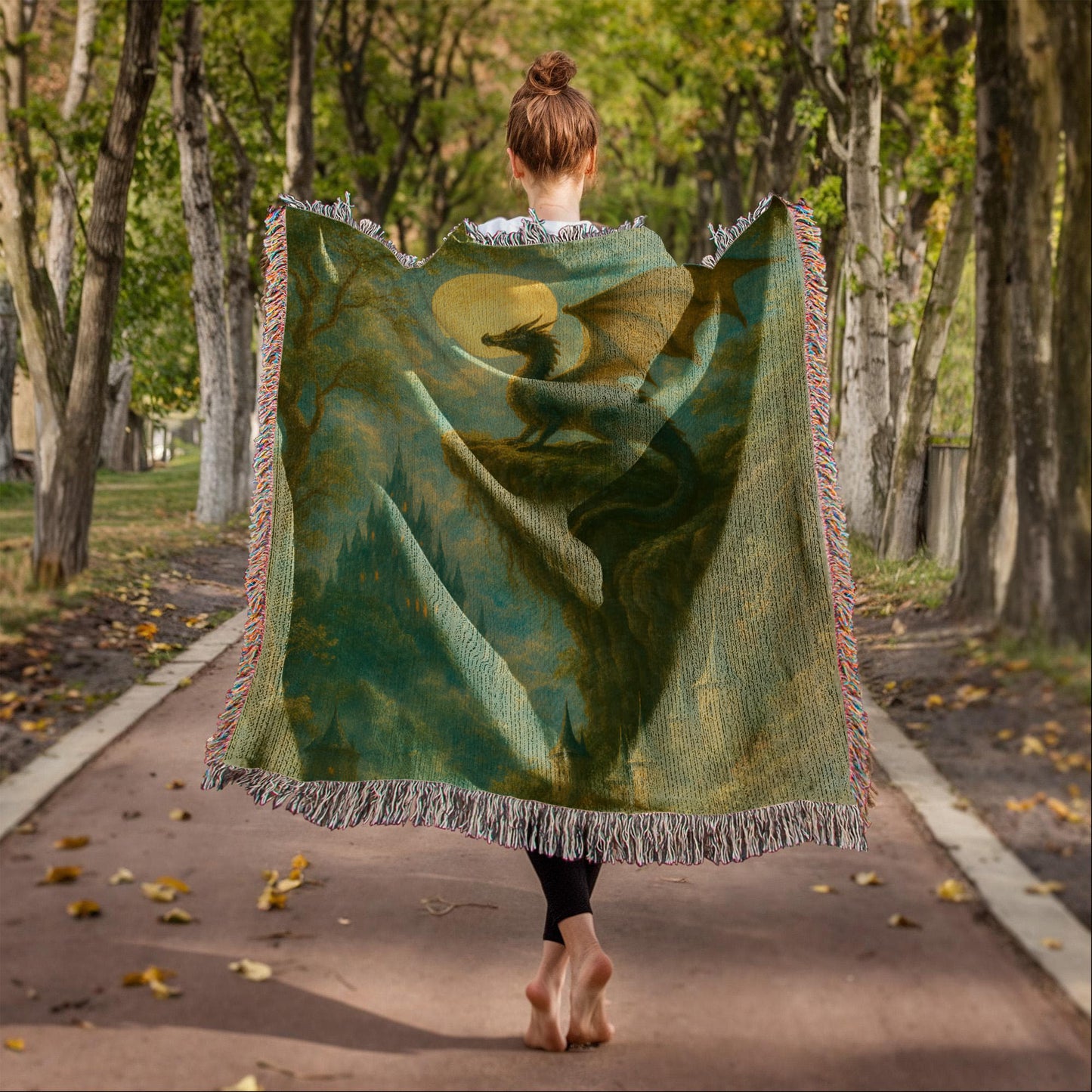 Premium Woven Cotton Throw – Fantasy Dragon on Cliff at Night with Castle in Distance