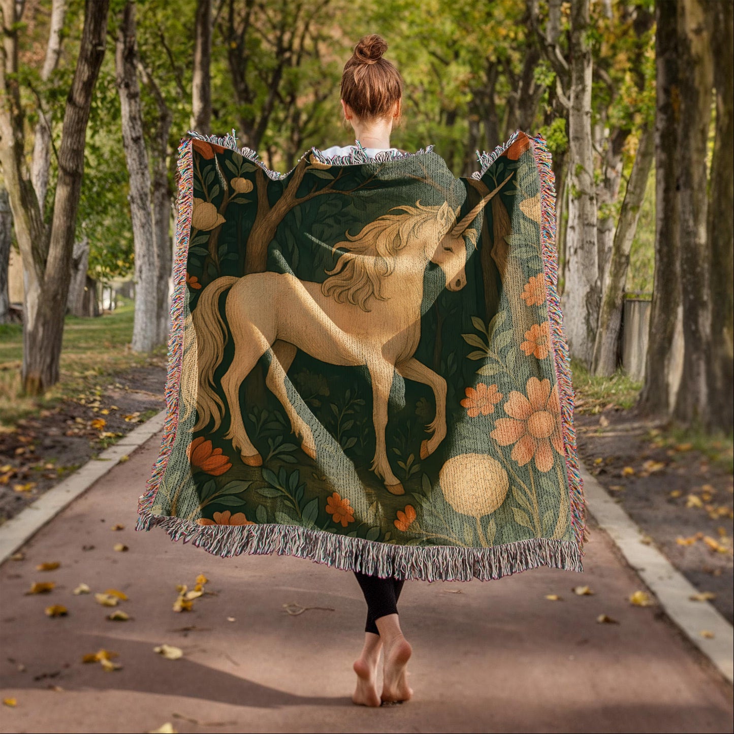100% Cotton Woven Blanket – Magical Unicorn among Woodland Flowers