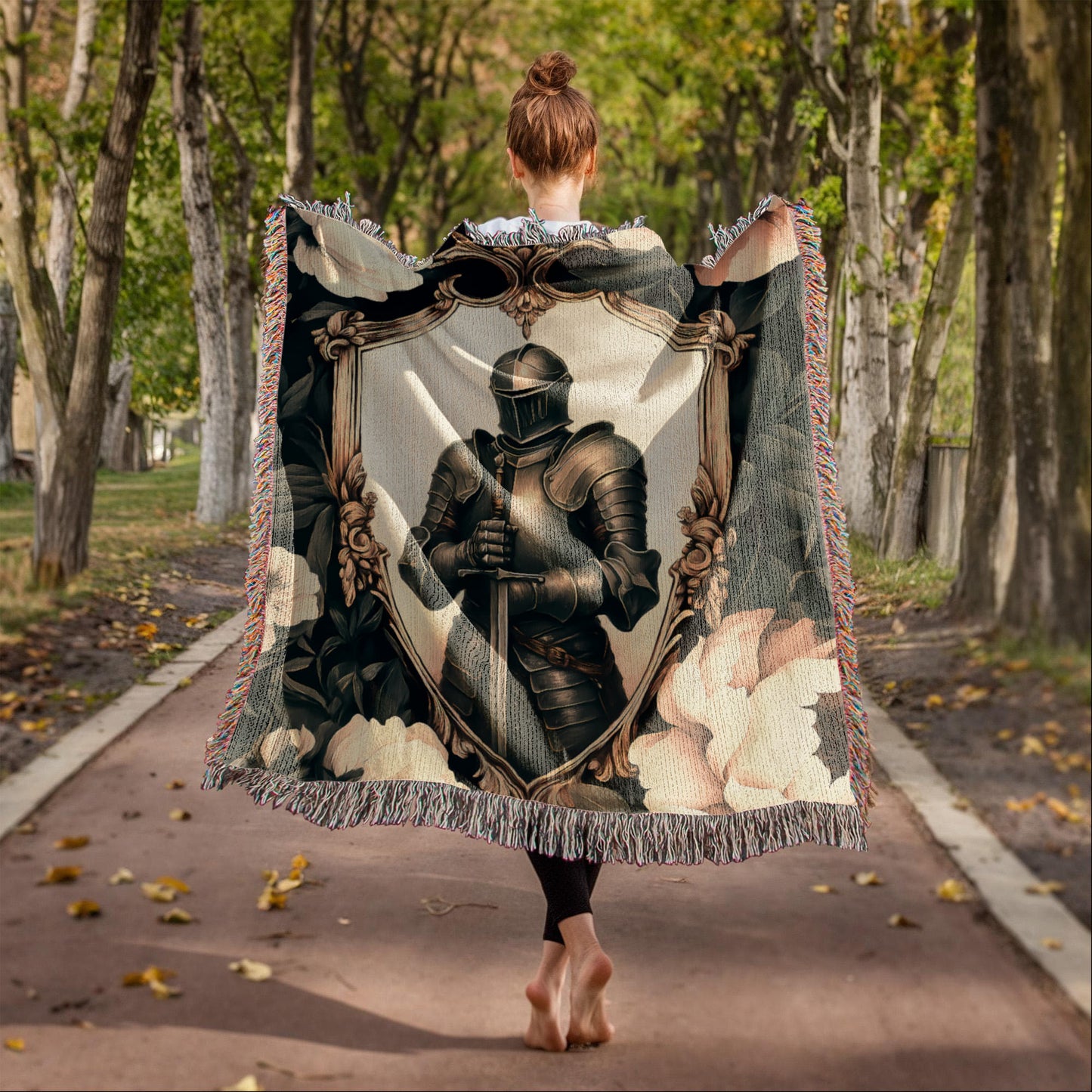 Premium Woven Cotton Throw – Knight Holding Sword in Heraldic Shield Frame