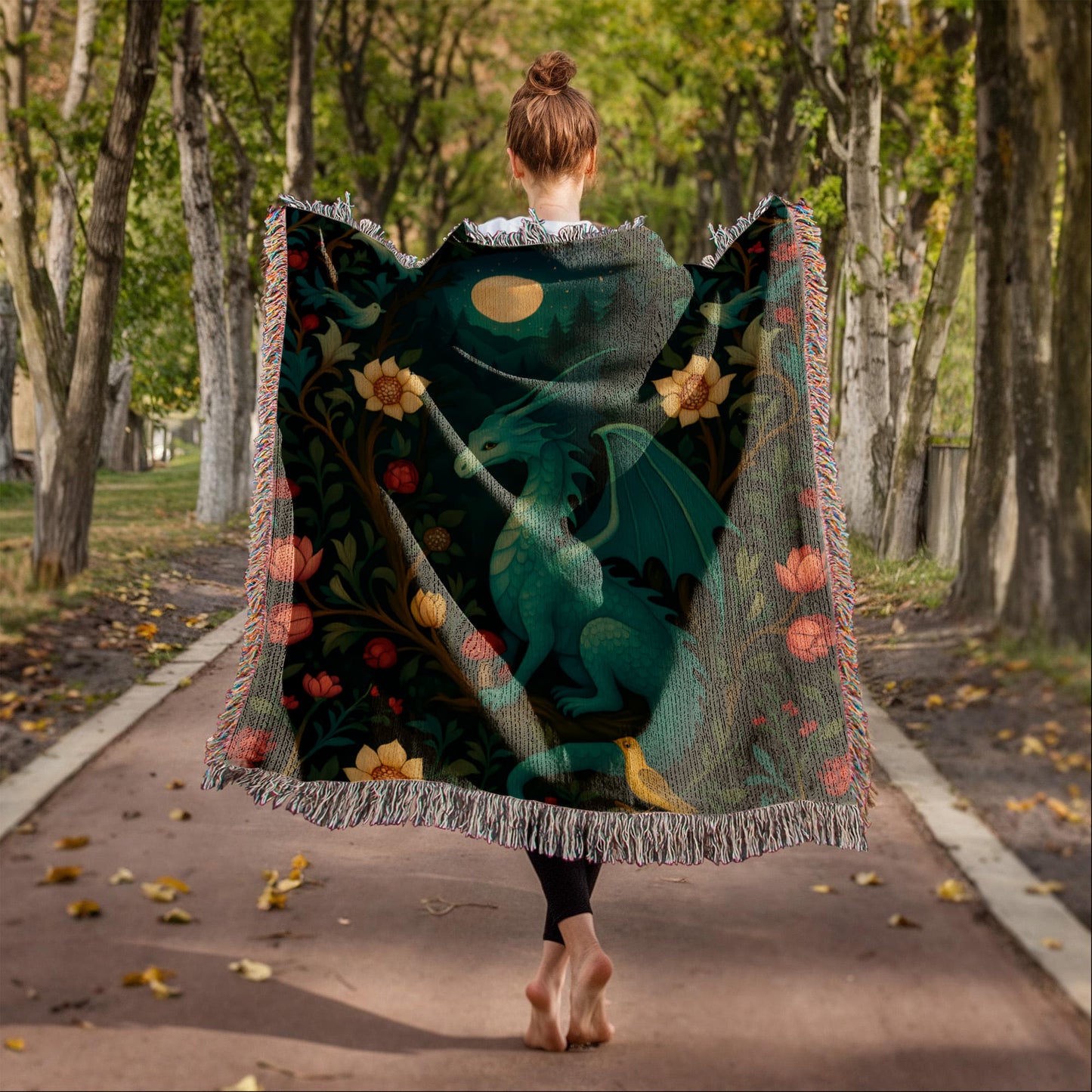 100% Cotton Woven Blanket – Magical Dragon in Moonlit Woodland Scene