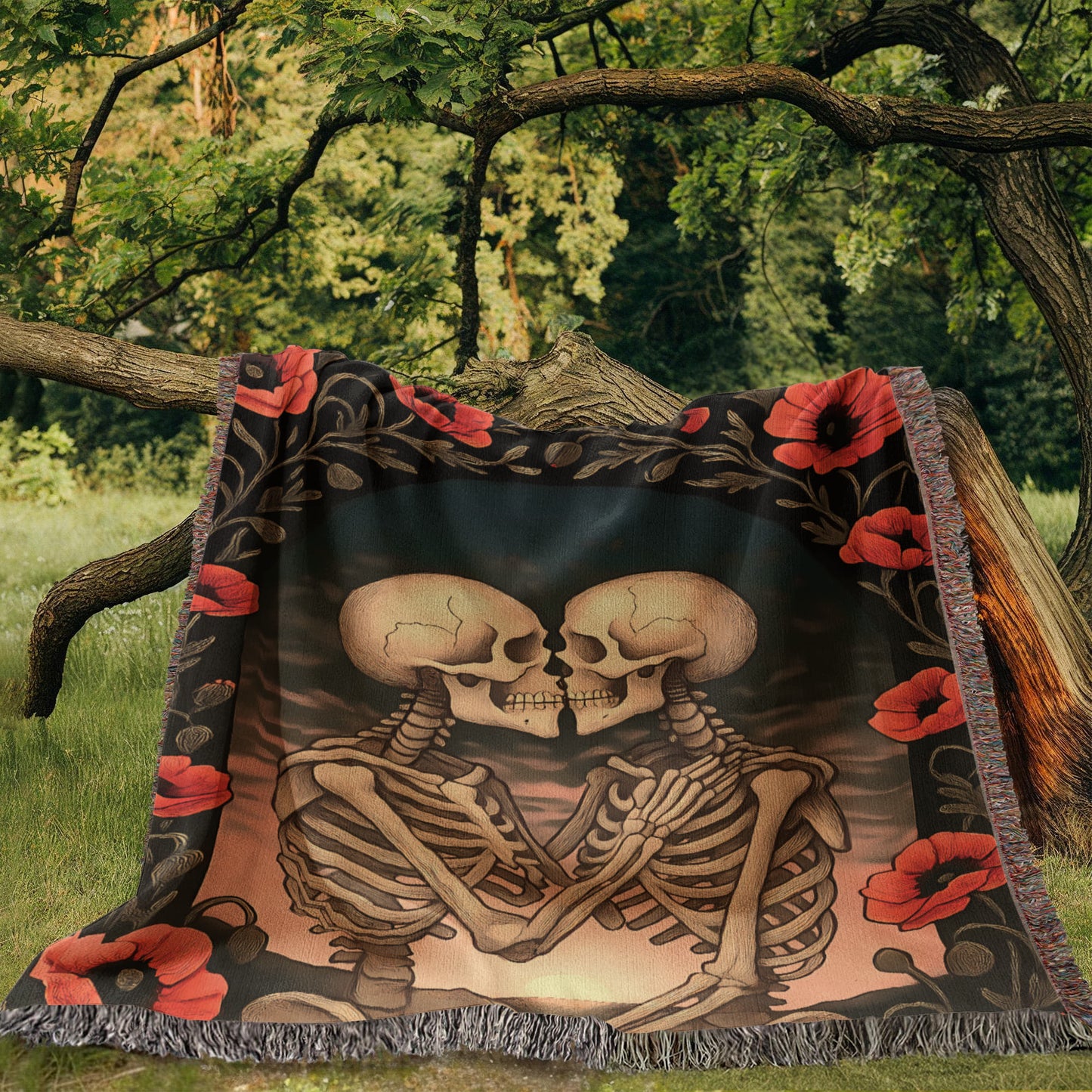 Woven Cotton Blanket – Enchanted Skeleton Couple in Poppy Flowers at Sunset