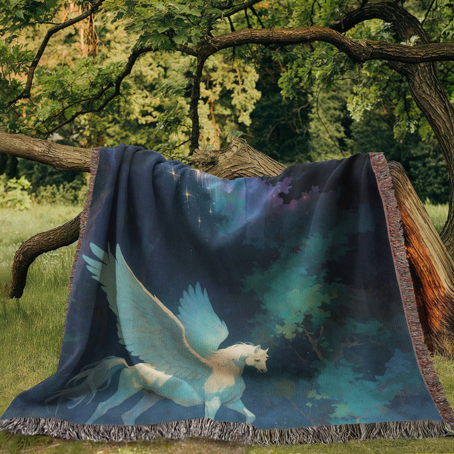 Woven Cotton Blanket – Fantasy White Pegasus in Moonlit Enchanted Forest