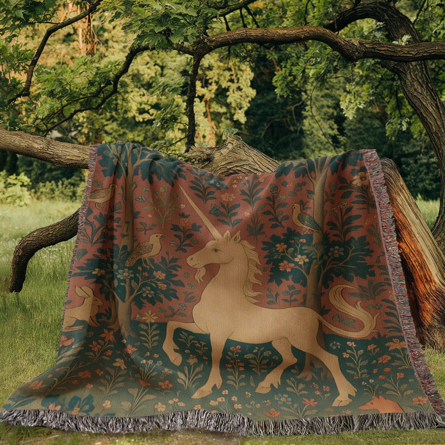 Premium Woven Cotton Throw – Enchanted Forest Unicorn and Fox Surrounded by Birds and Blossoms