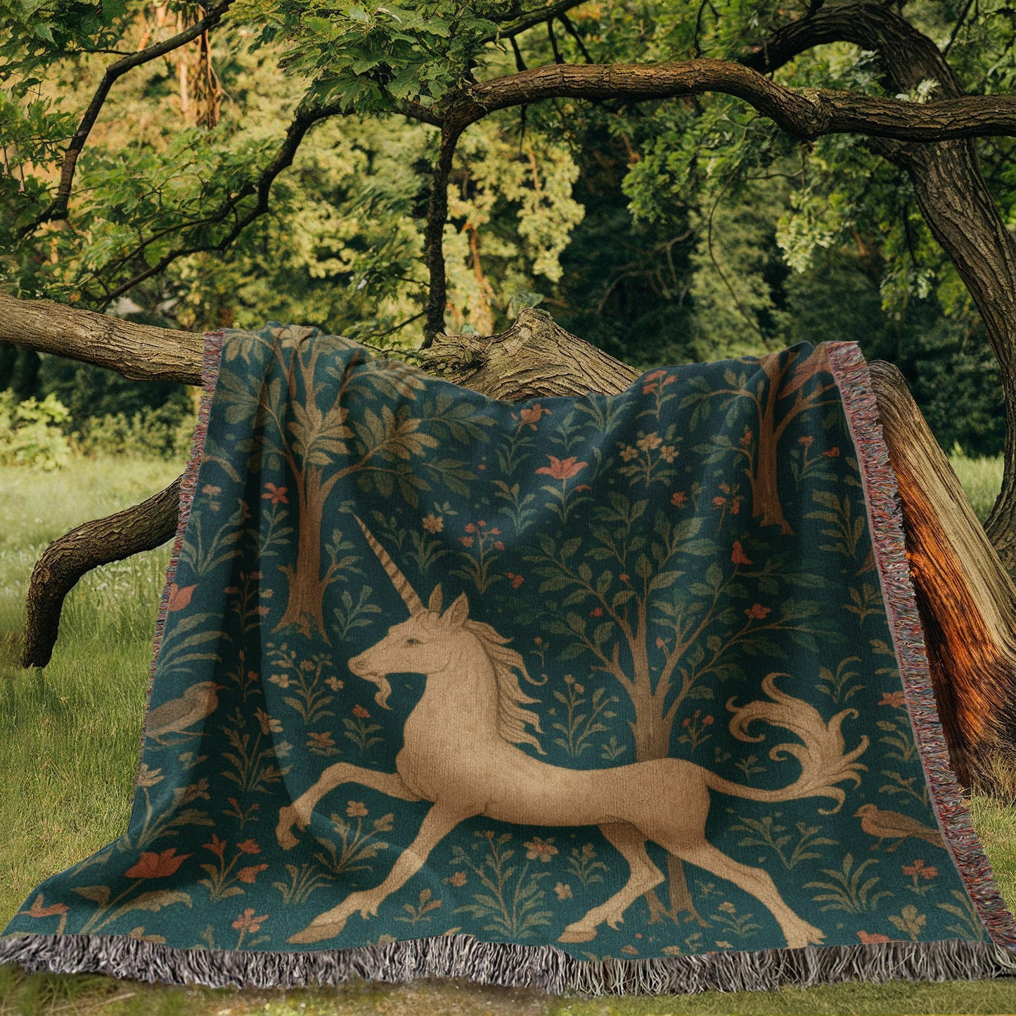 100% Cotton Woven Blanket – Magical Unicorn among Woodland Flowers and Birds