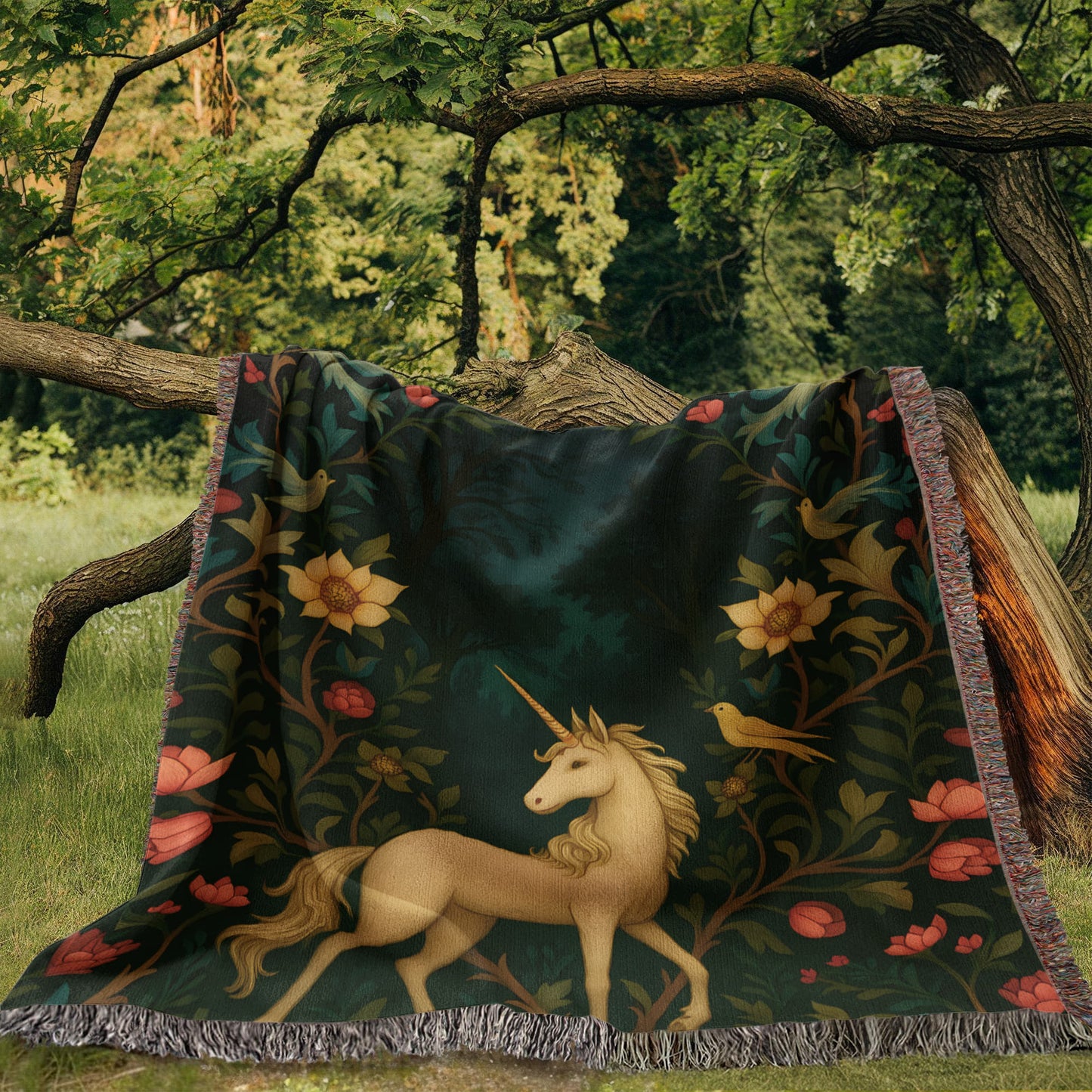 Premium Woven Cotton Throw – Enchanted Forest Unicorn Surrounded by Birds and Blossoms