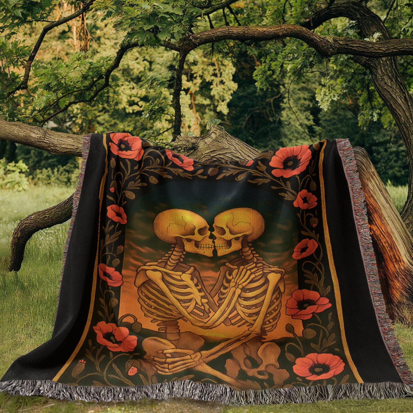 Premium Woven Cotton Throw – Skeleton Lovers with Poppy Garland Frame, Sunset Scene & The Lovers Caption