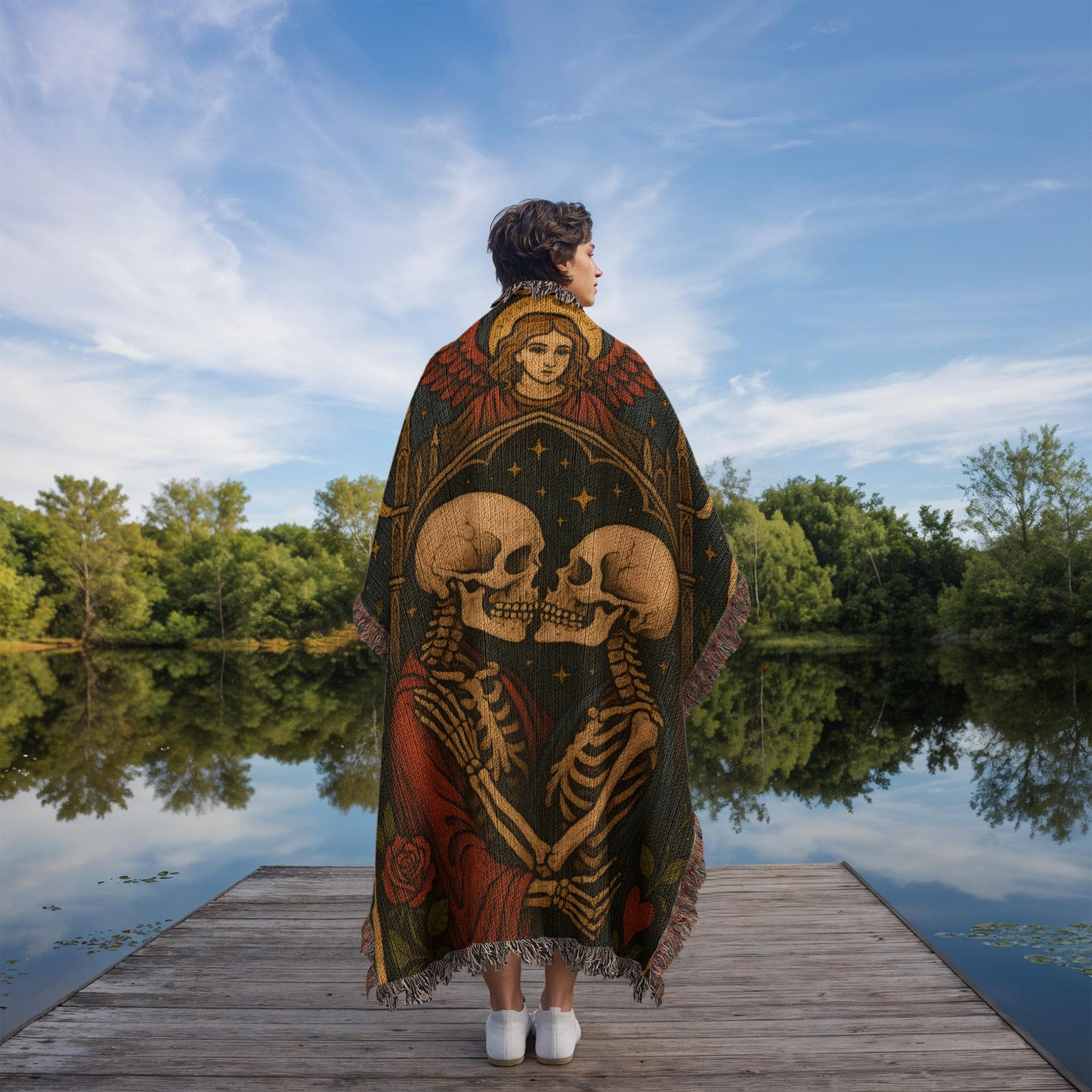 100% Cotton Woven Blanket – Gothic Skeleton Couple under Moon and Stars with Winged Angel, The Lovers Tarot Style