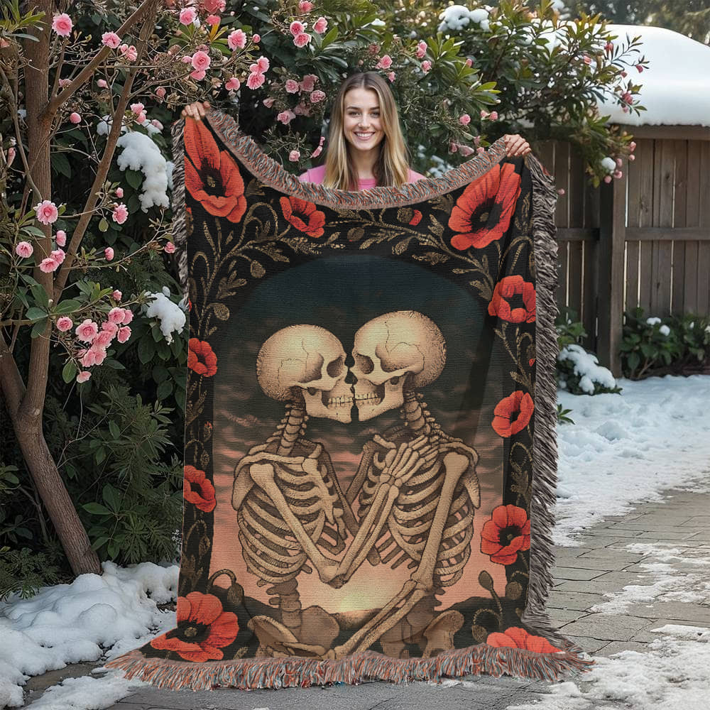 Woven Cotton Blanket – Enchanted Skeleton Couple in Poppy Flowers at Sunset