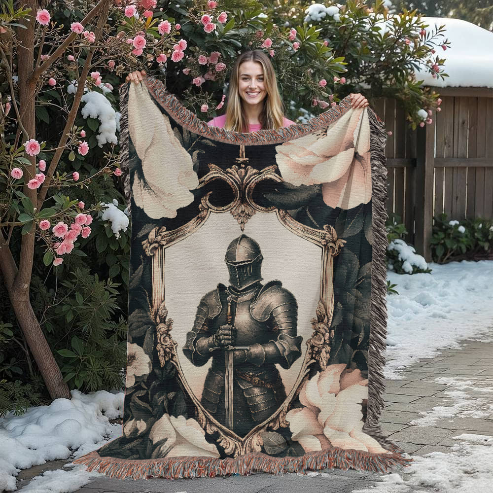 Premium Woven Cotton Throw – Knight Holding Sword in Heraldic Shield Frame